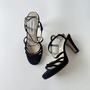 Sam & Libby Heel Shoes Womens Size 7.5 Black Strappy Ankle Strap Block Open Toe